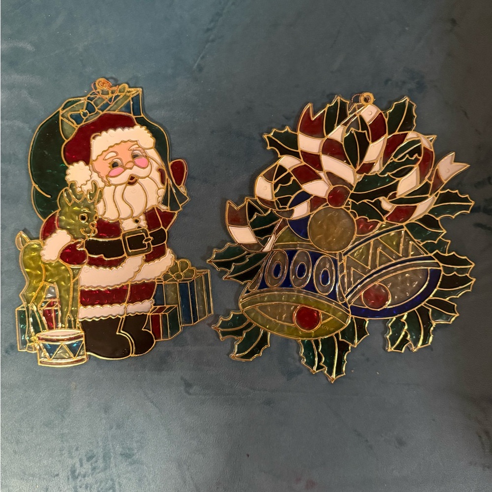 Stained Glass Christmas Window Hangings Santa and Garland with Bells Profile Vtg